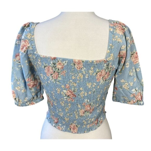 American Eagle Blue Floral Smocked Sweetheart Crop Top Short Puff Sleeves Med - Picture 6 of 11